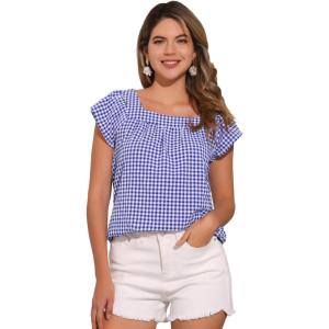imageAllegra K Summer Square Neck Gingham Tops for Womens Cap Sleeve Tshirts BlousesBlue White