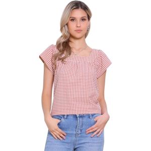imageAllegra K Summer Square Neck Gingham Tops for Womens Cap Sleeve Tshirts BlousesCameo Brown