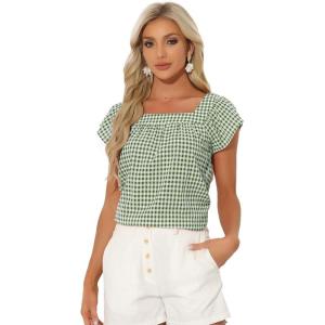 imageAllegra K Summer Square Neck Gingham Tops for Womens Cap Sleeve Tshirts BlousesGreen White