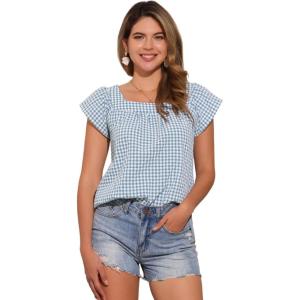 imageAllegra K Summer Square Neck Gingham Tops for Womens Cap Sleeve Tshirts BlousesLake Blue