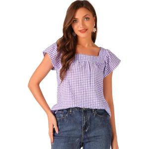 imageAllegra K Summer Square Neck Gingham Tops for Womens Cap Sleeve Tshirts BlousesPurple