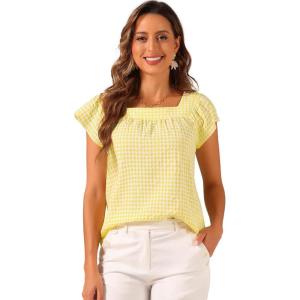 imageAllegra K Summer Square Neck Gingham Tops for Womens Cap Sleeve Tshirts BlousesYellow