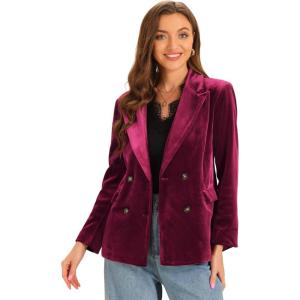 imageAllegra K Velvet Blazers for Womens Notched Lapel Long Sleeve Double Breasted Blazer JacketDark Red