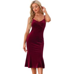 imageAllegra K Velvet Dress for Womens Christmas Spaghetti Straps V Neck Fishtail Evening Cocktail DressBurgundy