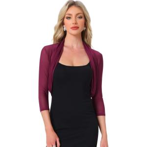 imageAllegra K Womens 34 Sleeve Sheer Mesh Shrug Open Front Cropped Bolero CardiganBurgundy