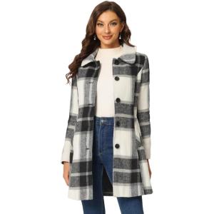 imageAllegra K Womens Buffalo Checks Shacket Button Down Peter Pan Collar Long Winter Plaid CoatBlack White