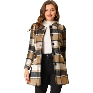 imageAllegra K Womens Buffalo Checks Shacket Button Down Peter Pan Collar Long Winter Plaid CoatBrown