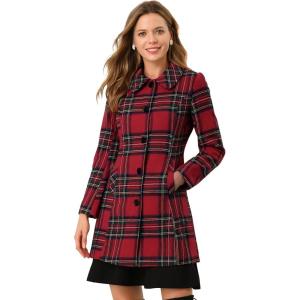 imageAllegra K Womens Buffalo Checks Shacket Button Down Peter Pan Collar Long Winter Plaid CoatRed