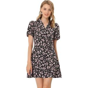 imageAllegra K Womens Button Up Short Sleeve ALine Chiffon Vintage Floral Shirt DressBlack