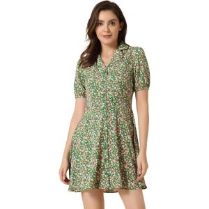 imageAllegra K Womens Button Up Short Sleeve ALine Chiffon Vintage Floral Shirt DressGreen
