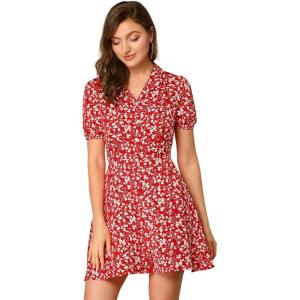imageAllegra K Womens Button Up Short Sleeve ALine Chiffon Vintage Floral Shirt DressRed