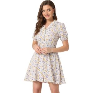 imageAllegra K Womens Button Up Short Sleeve ALine Chiffon Vintage Floral Shirt DressWhite
