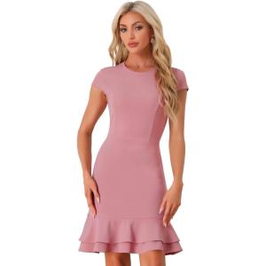 imageAllegra K Womens Cap Sleeves Round Neck Tiered Ruffled Hem Above Knee DressDark Pink