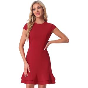imageAllegra K Womens Cap Sleeves Round Neck Tiered Ruffled Hem Above Knee DressRed