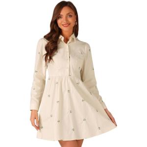 imageAllegra K Womens Casual Shirt Dress Long Sleeve Half Placket Embroidered Floral Mini DressesBeige