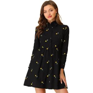 imageAllegra K Womens Casual Shirt Dress Long Sleeve Half Placket Embroidered Floral Mini DressesBlack