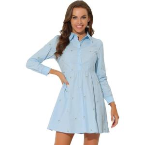 imageAllegra K Womens Casual Shirt Dress Long Sleeve Half Placket Embroidered Floral Mini DressesBlue