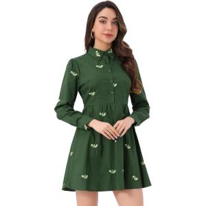 imageAllegra K Womens Casual Shirt Dress Long Sleeve Half Placket Embroidered Floral Mini DressesGreen