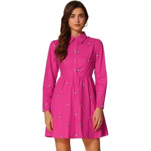 imageAllegra K Womens Casual Shirt Dress Long Sleeve Half Placket Embroidered Floral Mini DressesHot Pink