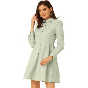 imageAllegra K Womens Casual Shirt Dress Long Sleeve Half Placket Embroidered Floral Mini DressesLight Green
