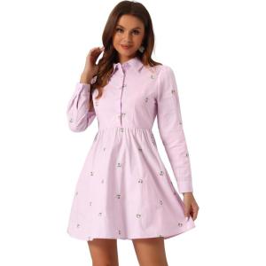 imageAllegra K Womens Casual Shirt Dress Long Sleeve Half Placket Embroidered Floral Mini DressesLight Purple