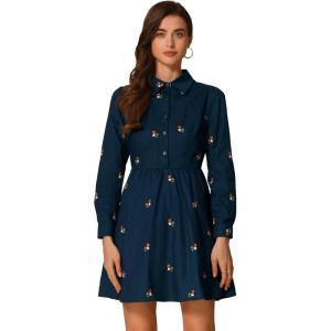 imageAllegra K Womens Casual Shirt Dress Long Sleeve Half Placket Embroidered Floral Mini DressesNavy Blue