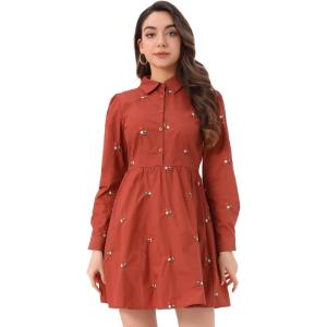 imageAllegra K Womens Casual Shirt Dress Long Sleeve Half Placket Embroidered Floral Mini DressesOrange