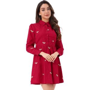 imageAllegra K Womens Casual Shirt Dress Long Sleeve Half Placket Embroidered Floral Mini DressesRed