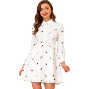 imageAllegra K Womens Casual Shirt Dress Long Sleeve Half Placket Embroidered Floral Mini DressesWhite