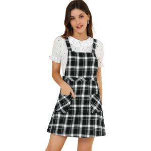 imageAllegra K Womens Christmas Plaid Tartan Skirt Button Decor ALine Pinafore Overall DressBlack