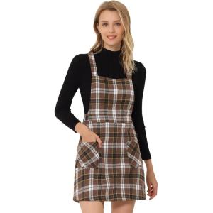 imageAllegra K Womens Christmas Plaid Tartan Skirt Button Decor ALine Pinafore Overall DressDeep Brown