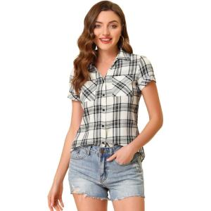 imageAllegra K Womens Cotton Classic Button Down Western Plaid ShirtBeige