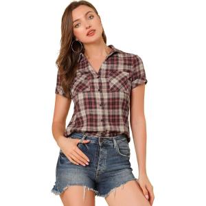 imageAllegra K Womens Cotton Classic Button Down Western Plaid ShirtBeige Red
