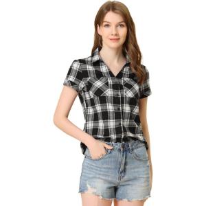 imageAllegra K Womens Cotton Classic Button Down Western Plaid ShirtBlack