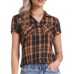 imageAllegra K Womens Cotton Classic Button Down Western Plaid ShirtBlack Orange