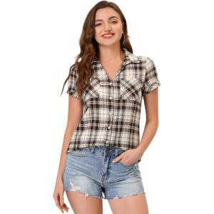 imageAllegra K Womens Cotton Classic Button Down Western Plaid ShirtBrown Beige
