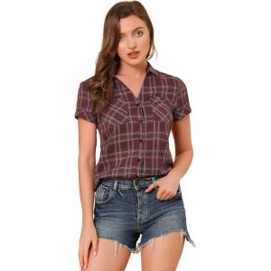 imageAllegra K Womens Cotton Classic Button Down Western Plaid ShirtBurgundy