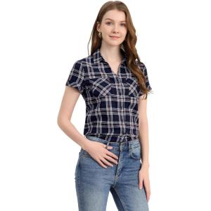 imageAllegra K Womens Cotton Classic Button Down Western Plaid ShirtDark Blue