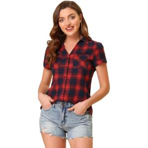 imageAllegra K Womens Cotton Classic Button Down Western Plaid ShirtDark Blue Red