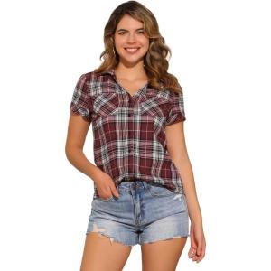 imageAllegra K Womens Cotton Classic Button Down Western Plaid ShirtDeep Red