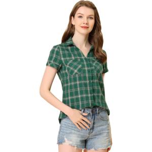imageAllegra K Womens Cotton Classic Button Down Western Plaid ShirtGreen Beige