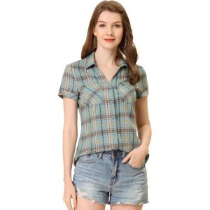 imageAllegra K Womens Cotton Classic Button Down Western Plaid ShirtGrey Blue
