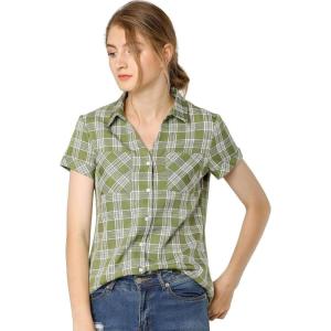 imageAllegra K Womens Cotton Classic Button Down Western Plaid ShirtLight Green