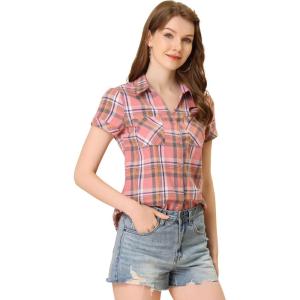 imageAllegra K Womens Cotton Classic Button Down Western Plaid ShirtLight Pink