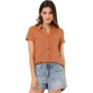 imageAllegra K Womens Cotton Classic Button Down Western Plaid ShirtOrange