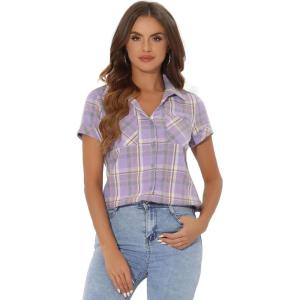 imageAllegra K Womens Cotton Classic Button Down Western Plaid ShirtPastel Purple
