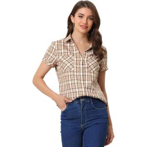 imageAllegra K Womens Cotton Classic Button Down Western Plaid ShirtPink