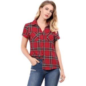imageAllegra K Womens Cotton Classic Button Down Western Plaid ShirtRed