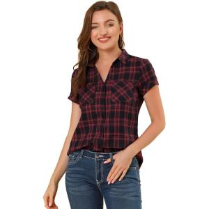 imageAllegra K Womens Cotton Classic Button Down Western Plaid ShirtRed Black
