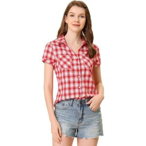 imageAllegra K Womens Cotton Classic Button Down Western Plaid ShirtRed White
